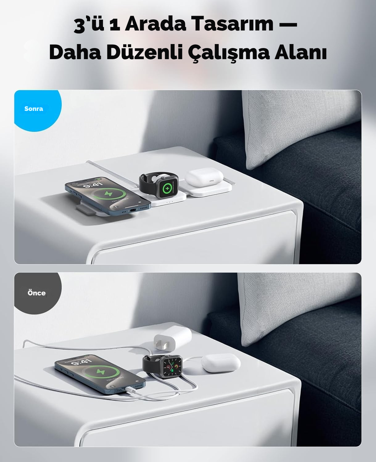 LumiDock™ 3'ü 1 Arada Katlanabilir Kablosuz Şarj İstasyonu - Lumipop