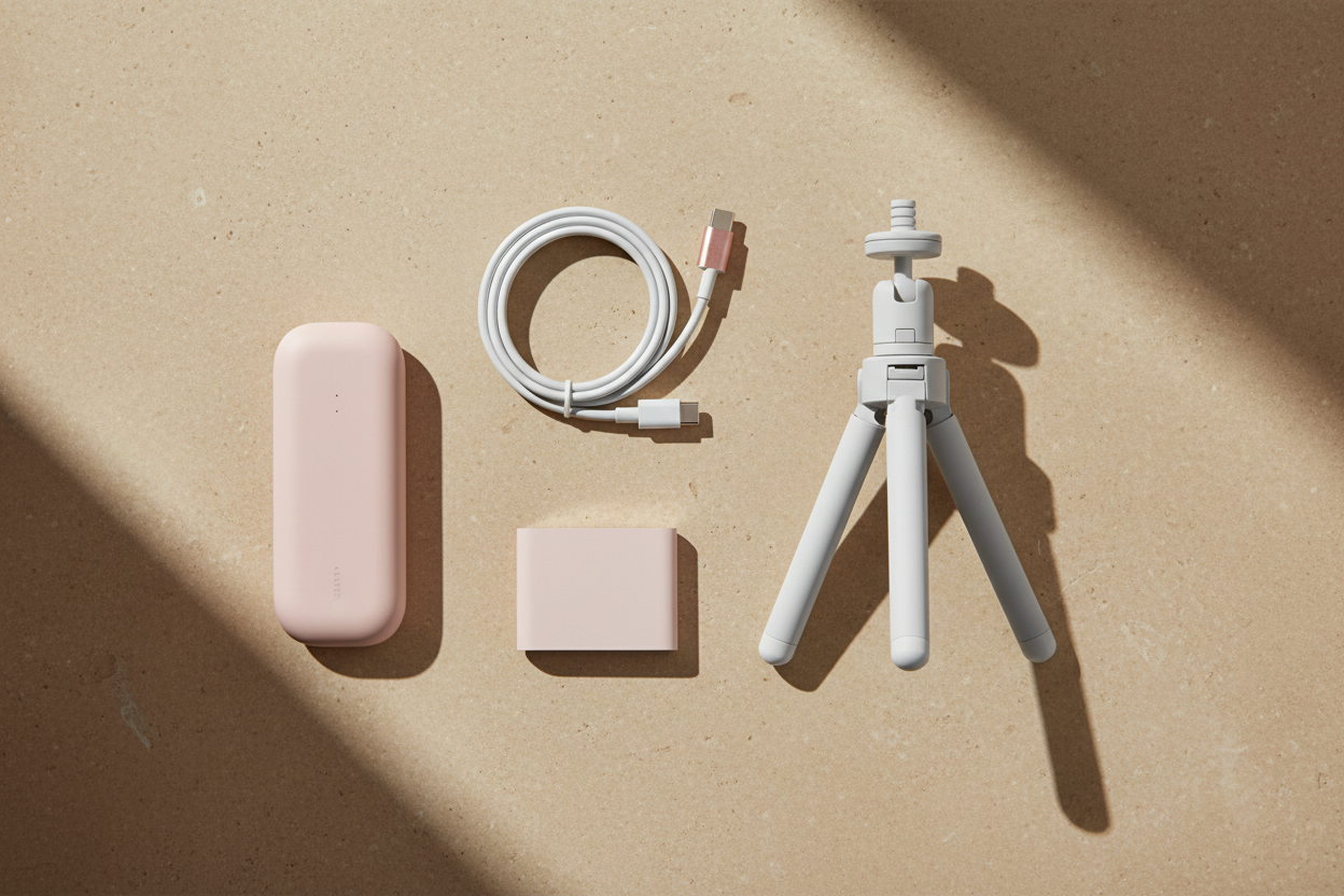 High-end editorial product photography, flat lay. A curated arrangement of minimalist lifestyle tech accessories (sleek power bank, coiled cable, mini tripod) in soft pastel pink and matte white. Placed on a textured warm beige stone surface. Natural sunlight casting soft organic shadows (dappled light). Minimalist, organized, clean, premium design aesthetic. High resolution, wide angle.